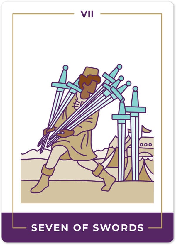 Hình ảnh mô tả trên lá bài 7 of Swords Tarot
