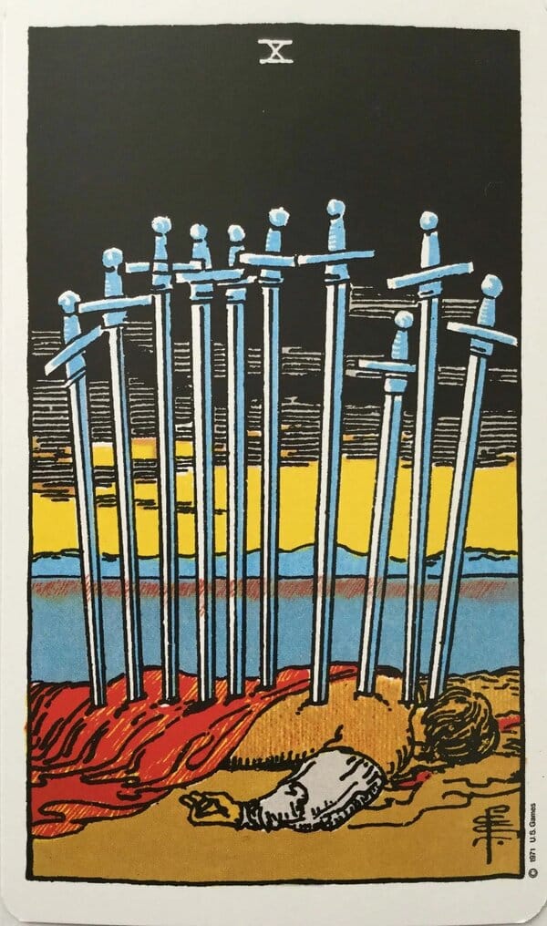 Hình ảnh mô tả trên lá bài 10 of Swords Tarot